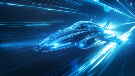 A sleek, futuristic spaceship zooms through space at light speed, surrounded by vibrant blue light trails.の素材