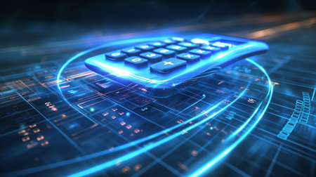A glowing, futuristic calculator hovers over a digital interface with blue and orange circuitry patterns.の素材