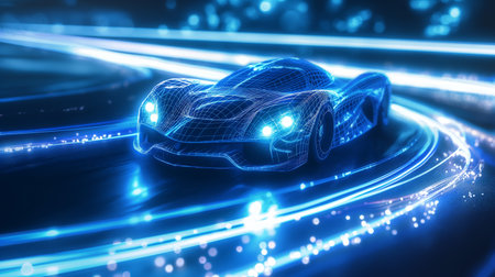 A sleek, futuristic car speeds through a neon-lit track, with glowing blue lines and a digital wireframe design.の素材