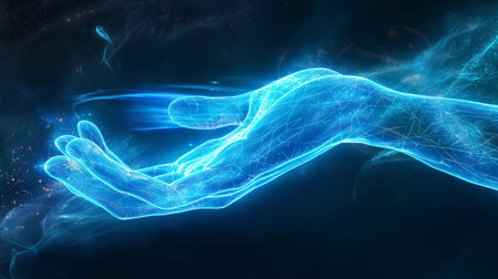 A glowing, blue, digital hand extends in a dark, starry space, with intricate lines and patterns.の素材