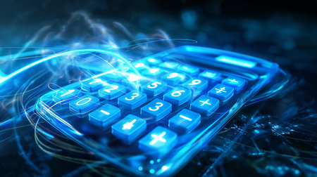 A glowing blue calculator with illuminated keys, surrounded by dynamic light trails, on a dark background.の素材