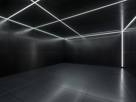 A sleek, dark room with grid-patterned LED lights on the ceiling and walls, creating a futuristic ambiance.の素材