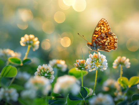 A butterfly with intricate orange and black patterns rests on a white clover flower, surrounded by a sunlit meadow with bokeh light effects.の素材