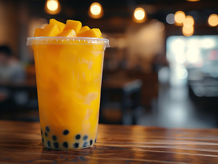 A plastic cup filled with vibrant mango bubble tea, topped with mango chunks and black tapioca pearls, sits on a wooden table in a warmly lit cafe.の素材
