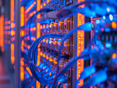 A close-up of a data center with blue network cables and glowing orange LED lights on servers.の素材