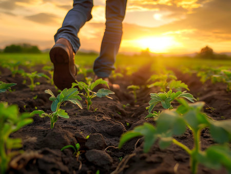 A person walks through a field of young plants at sunset, with the sun casting a warm glow over the scene.の素材