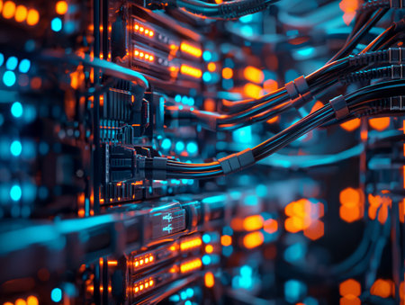 A detailed close-up of a server rack with glowing blue and orange lights, showcasing cables and hardware components.の素材