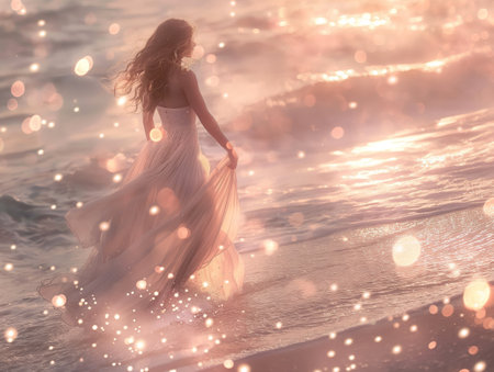 A woman in a flowing dress walks along a beach at sunset, surrounded by sparkling lights and soft waves.の素材