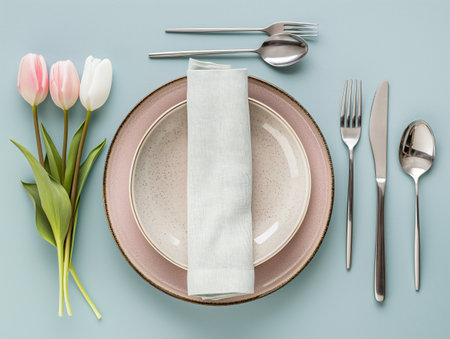 A table setting with pink and white tulips, stacked plates, a folded napkin, and silver cutlery on a light blue background.の素材