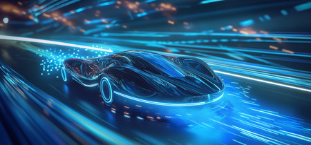 A sleek, futuristic car speeds through a neon-lit environment, leaving a trail of blue light and sparks.の素材