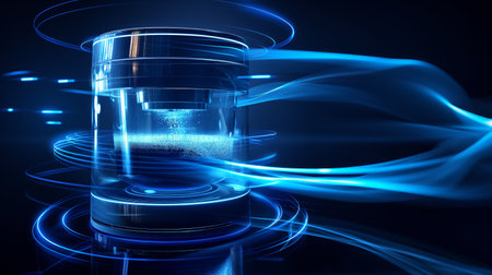 A transparent glass cylinder is surrounded by dynamic blue light trails, creating a futuristic and high-tech atmosphere.の素材