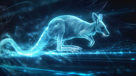 A glowing neon kangaroo, surrounded by digital light trails, appears in a futuristic, virtual environment.の素材