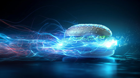A burger with a sesame seed bun is surrounded by dynamic neon light trails, creating a futuristic and energetic atmosphere.の素材