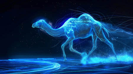 A glowing neon camel, composed of blue light lines, strides through a digital desert under a starry night sky.の素材