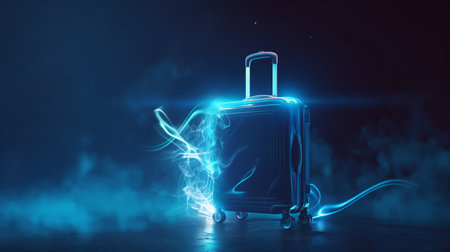 A suitcase emits a glowing blue aura, surrounded by swirling light trails and mist in a dark setting.の素材