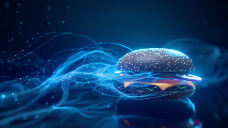 A sesame seed burger with glowing digital lines and particles, set against a dark, futuristic background.の素材