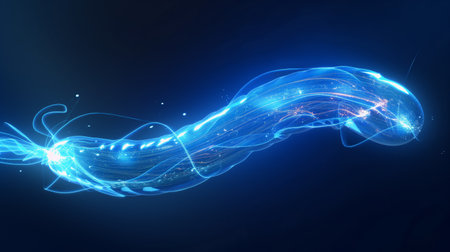 A luminous, blue, abstract energy stream with intricate light patterns against a dark background.の素材