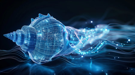 A glowing, digital conch shell emits flowing streams of light and data, set against a dark background.の素材