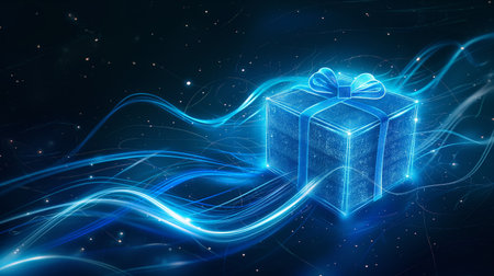 A radiant blue gift box with a bow, surrounded by glowing light trails, floats in a starry night sky.の素材