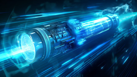 A high-tech, cylindrical device emitting a powerful blue energy beam, surrounded by glowing circuitry and dynamic light trails.の素材