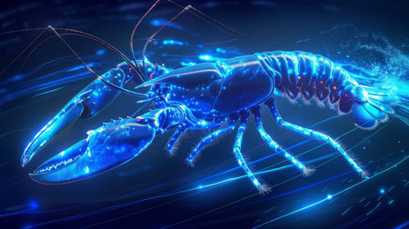 A vibrant, bioluminescent lobster glows in shades of blue, swimming through dark, illuminated waters.の素材