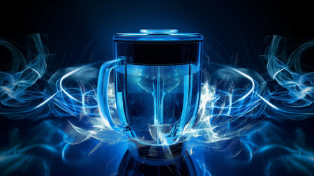 A transparent blender with a black lid and handle, surrounded by swirling blue energy patterns, set against a dark background.の素材