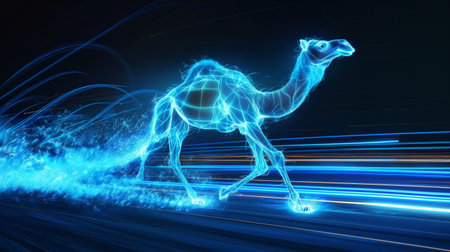 A glowing neon blue camel, composed of digital lines and particles, runs through a dark, futuristic landscape with streaks of light trailing behind.の素材