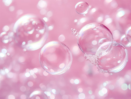 Transparent bubbles float against a soft pink background, creating a dreamy, ethereal scene.の素材