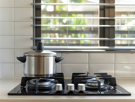A stainless steel pot with black handles sits on a modern gas stove in a bright kitchen with white tile backsplash and window blinds.の素材