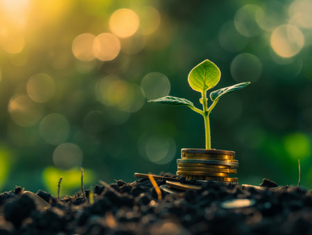 A small plant sprouts from a stack of coins in soil, symbolizing financial growth and investment, with a blurred green and yellow background.の素材