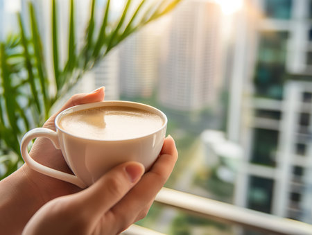 A person holds a white cup of coffee on a balcony with a cityscape and greenery in the background.の素材