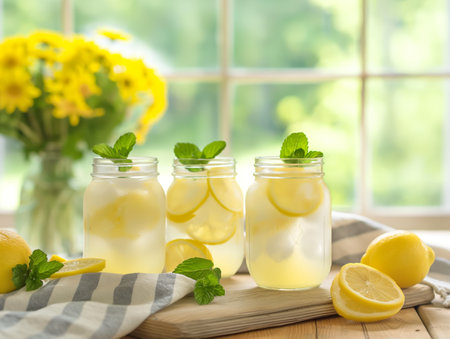 Three mason jars filled with lemonade, ice, lemon slices, and mint leaves on a wooden table. Fresh lemons and a striped cloth are nearby, with a blurred background of yellow flowers and a window.の素材