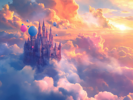 A majestic castle floats among vibrant, fluffy clouds at sunset, with balloons tethered to its spires.の素材