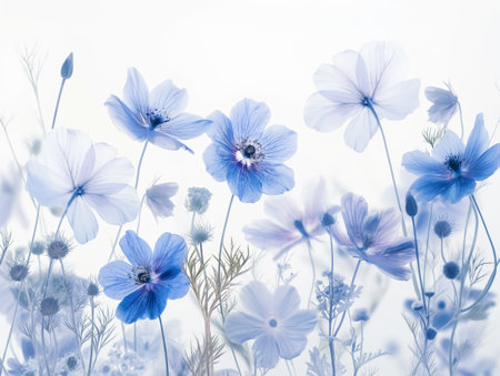 A delicate arrangement of translucent blue flowers against a soft, light background, creating a serene and ethereal atmosphere.の素材