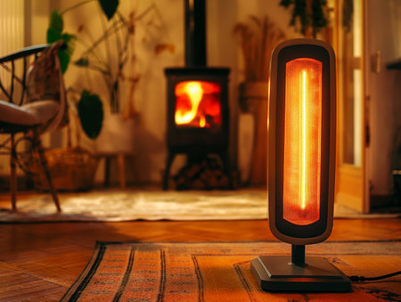 A warm, cozy room features a glowing heater in the foreground and a lit fireplace in the background.の素材