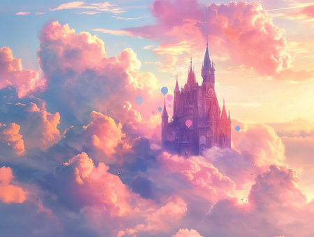 A majestic castle floats among vibrant pink and orange clouds at sunset, with hot air balloons nearby.の素材