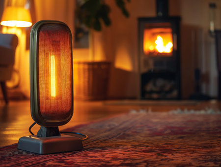 A warmly lit room features an electric heater in the foreground and a fireplace in the background, creating a cozy atmosphere.の素材