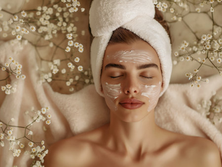 A woman with a towel on her head and a facial mask relaxes among delicate white flowers.の素材