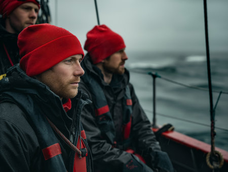 Three men in red beanies and rain gear are on a boat, looking intently at the ocean under a cloudy sky.の素材