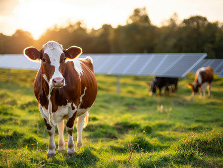 A brown and white cow stands in a grassy field with solar panels in the background, illuminated by the setting sun.の素材