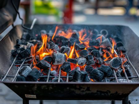 Close-up of glowing charcoal pieces on a grill with bright orange flames, ready for cooking.の素材