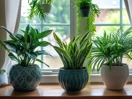 Three potted plants sit on a wooden windowsill, with a hanging plant above. Sunlight filters through the window, highlighting the vibrant green leaves.の素材