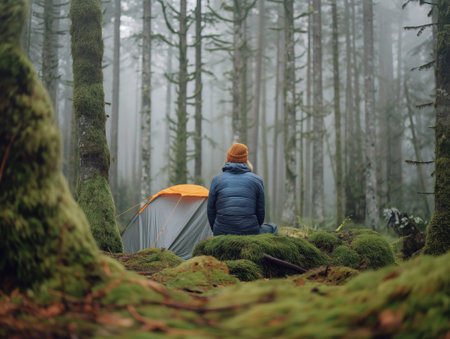 A person in a blue jacket and orange hat sits on mossy ground near a tent in a foggy forest.の素材