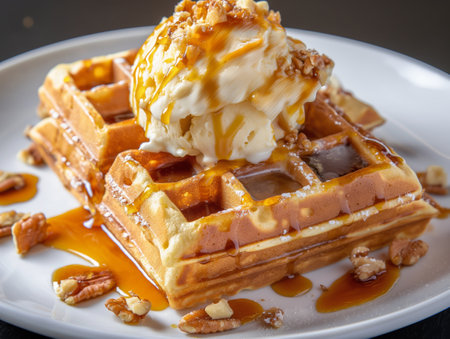 A stack of golden waffles topped with a scoop of vanilla ice cream, drizzled with caramel sauce, and garnished with chopped nuts on a white plate.の素材