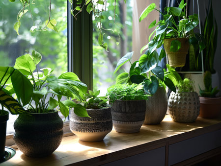 A variety of lush green indoor plants in decorative pots are arranged on a wooden shelf by a sunlit window.の素材