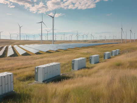 A vast field with numerous wind turbines and solar panels under a partly cloudy sky, with several white utility boxes in the foreground.の素材