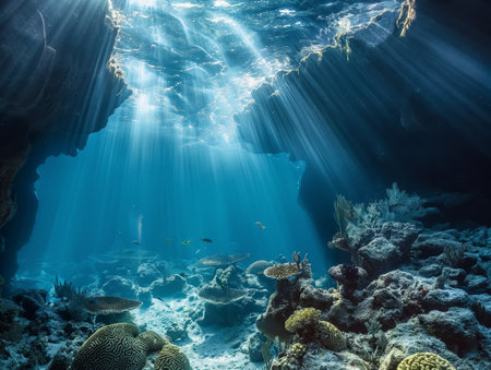 Sunlight streams through the water into an underwater cave, illuminating vibrant coral reefs and small fish.の素材