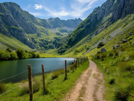 A dirt path runs alongside a calm lake, surrounded by lush green mountains under a clear blue sky.の素材