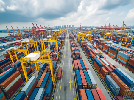 Aerial view of a bustling container port with colorful shipping containers, cranes, and a cloudy sky.の素材
