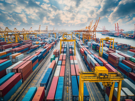 Aerial view of a bustling container port filled with colorful shipping containers and large yellow cranes under a partly cloudy sky.の素材